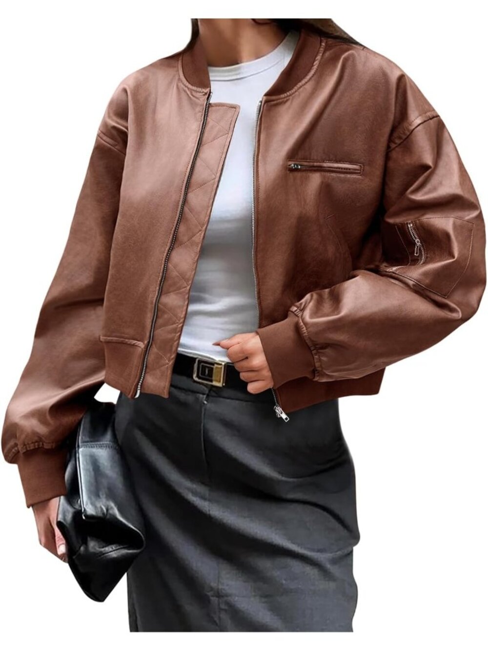Womens Caramel Notch Drop-shoulder Zippered Pockets Biker Coat Leather Jacket